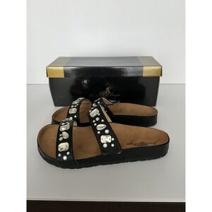 Joan‎ Boyce Ruth Sandals Solid Black Strappy Comfort Jeweled Slides Size 8 Wide